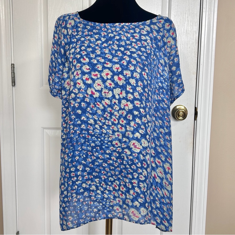 Cabi Tideline Abstract Floral Blouse XL Blue Magenta Button Back Chiffon